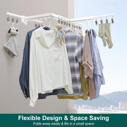 Hoimpro White 51" Clothes Drying Rack Retractable Foldable Wall Mounted, Tri-Fold Space Saving Collapsible for Hanging Clothing Coat, Ideal for Patio, Laundry Room Organization and Storage, Bathroom