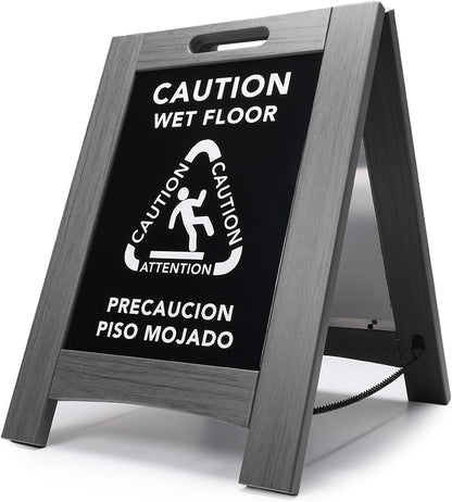 Premium Outdoor Composite Caution Wet Floor Sign – Bilingual w/Non-Skid Plastic Feet, Black Plate – For Hotels, Schools, Offices, Areas, Restrooms, Pool Decks & Shops, Grey