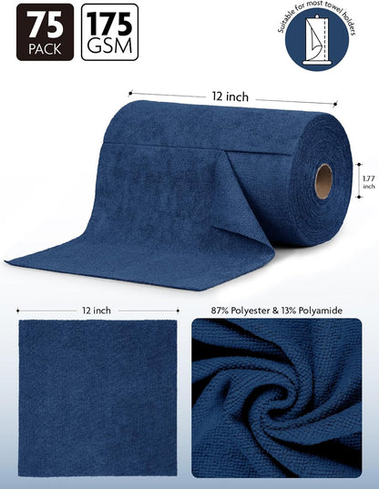 Fantasticlean Microfiber Cleaning Cloth Roll -75 Pack, Tear Away Microfiber Towels, 12" x 12", Reusable, Washable, Scratch Free, Ultra Absorbent Dish Rags for Car, Home, Garage or Shop (Navy Blue)
