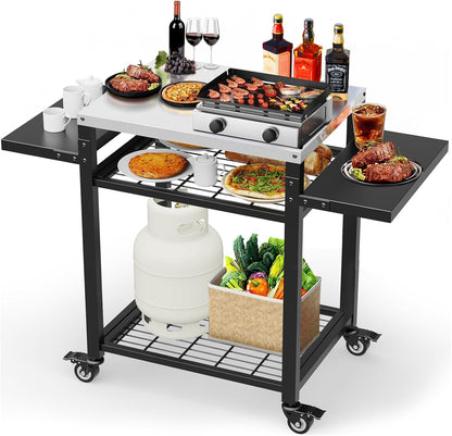 Outdoor Grill Table, Stainless Steel Grill Cart for Blackstone Griddle, Pizza Oven Stand for Onni, Kitchen Cooking Prep Table BBQ Cart for Party, Bar, Camping