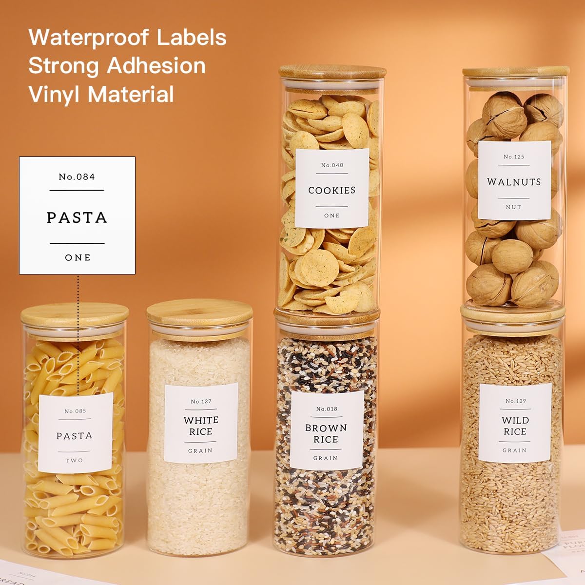 6 Pack Glass Jar with Airtight Bamboo Lid and White 132 Kichen Pantry Labels Preprinted - 28 Oz Clear Round Glass Food Storage Containers set For Tea Coffee Bean Cookie