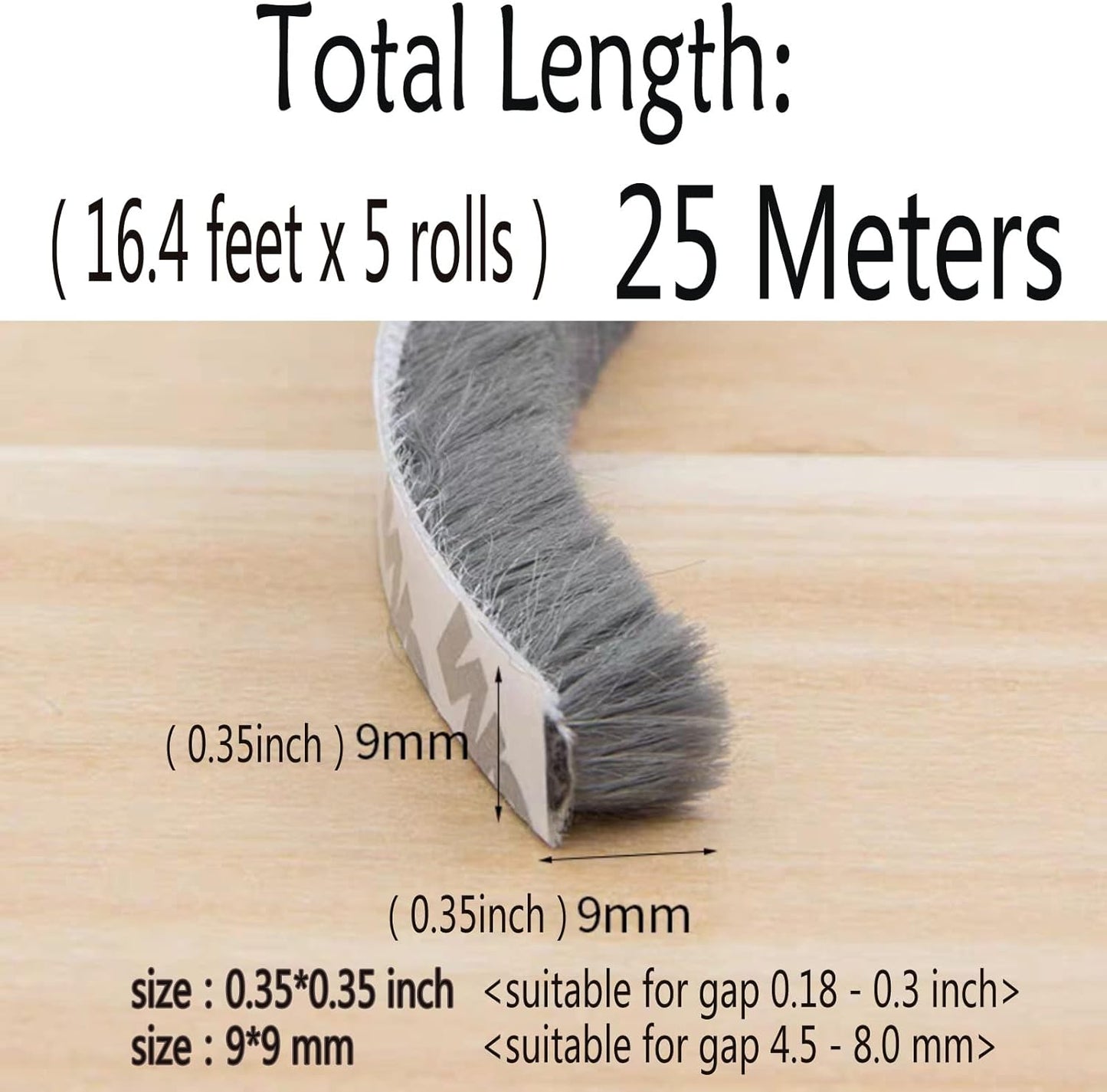 Door Sealer Weather Stripping for Sliding Window Frame Seal Strip, Pile Brush Self Adhesive Weatherstrip Sealer Soundproofing (80ft x11/32 Backing x 11/32 Brush inch, Grey)