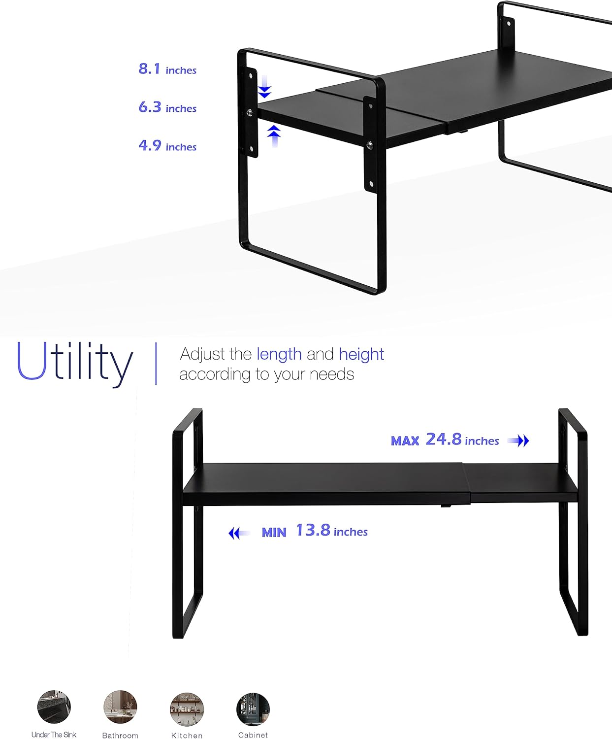 Nxconsu Cabinet Shelf Expandable Height Adjustable Organizer Riser for Kitchen Cabinet Pantry Cupboard Under Sink Countertop Organization Storage Space Saver Stackable Heavy Duty Metal Black