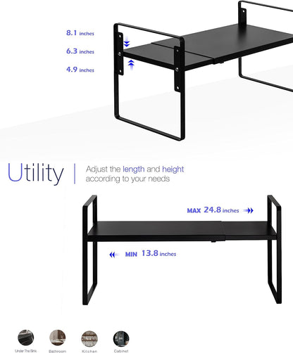 Nxconsu Cabinet Shelf Expandable Height Adjustable Organizer Riser for Kitchen Cabinet Pantry Cupboard Under Sink Countertop Organization Storage Space Saver Stackable Heavy Duty Metal Black