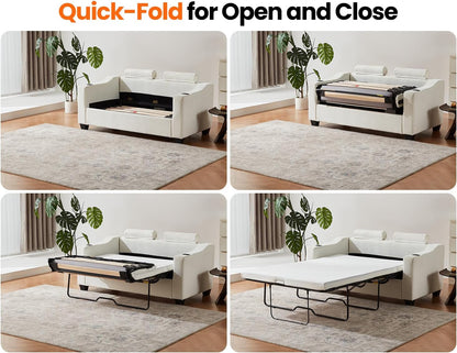 Pull Out Sofa Bed, Full Size Sleeper Sofa, 2-in-1 Convertible Corduroy Couch with USB Charging, Memory Form Couch for Living Room, Apartment and Small Space (Beige, Chenille - Full Size)