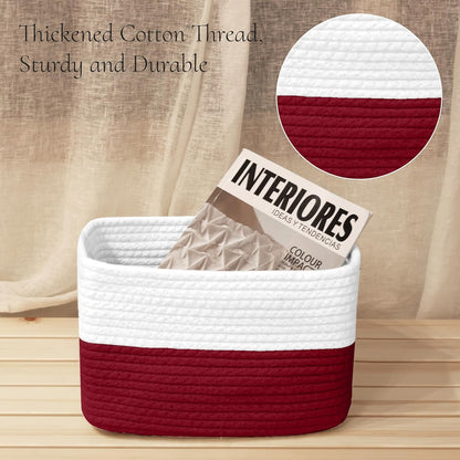 Hopegiver Woven Storage Baskets 11x8x7 Inch, 3 Pack Collapsible Cube Storage Bin for Shelves - Foldable Cotton Rope Organizer Bins for Towels, Toys, Books, Closet, Nursery (White Red)