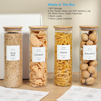 4 Pack Glass Jar with Airtight Wood Lid and White 132 Kichen Pantry Labels Preprinted - 38 Oz Clear Round Glass Food Storage Containers set For Cereal Rice Sugar