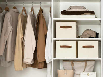 StorageWorks Storage Baskets for Shelves, Foldable Fabric Closet Storage Bins with PU Handles, Fabric Storage Bins Clothes Organizer, Ivory White, 3-Pack, Large