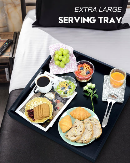 22 Inches Square Wood Ottoman Tray Black, Extra Large Wooden Serving Tray with Handles for Living Room, Serving Food Breakfast, Ottoman Coffee Table Couch Sofa Kitchen