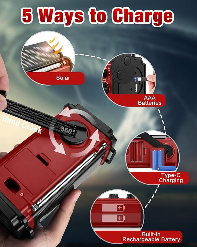 10000wAh/37000mWh Emergency Hand Crank Radio, Solar AM FM NOAA Weather Radio, 5 Charging Methods, Torch & LED Reading Light, SOS Alarm for Winter Storm Emergency, Red