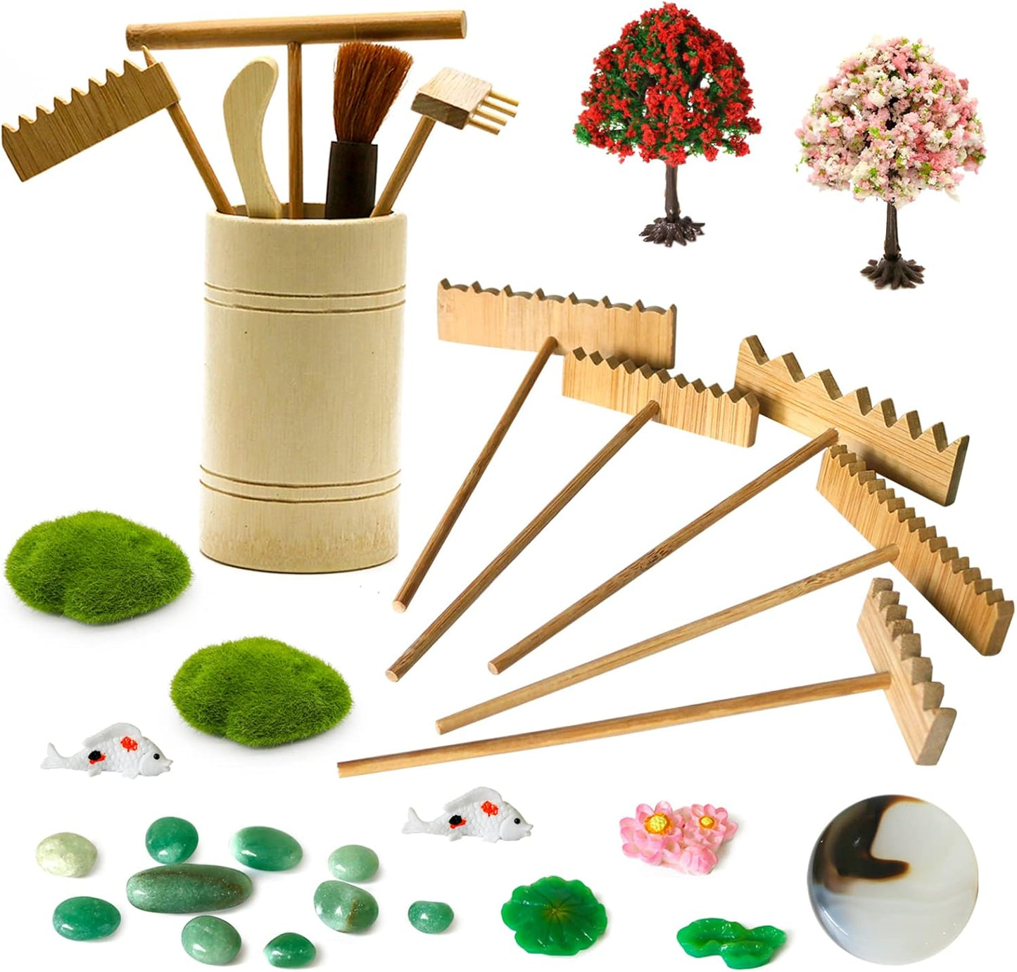 Zen Garden Tools Kit Accessories - Japanese Zen Garden Decor Zen Rake Set Mini Bamboo Rock Sand Garden Rakes Japan Zen Gift w/Healing Stone Bonsai Tree Home Office Yoga Meditation Room Zen Decor