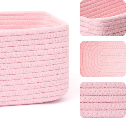 Small Storage Baskets for Organizing | Closet Organizer Bins | Shelf Toy Basket | Woven Rope Baskets | Cube Decorative Box | Shallow Basket | 13x8.5x5.1” | 4 Packs Light Pink