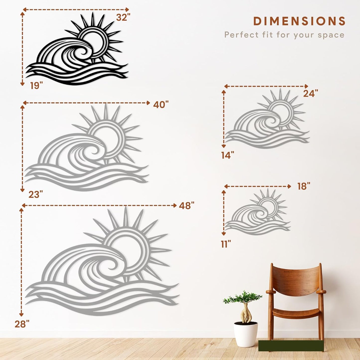 Wita Home Ocean Wave Metal Wall Art, Sun Beach Decor, Coastal Large Wall Sculpture for Home, Indoor/Outdoor Use, Nautical Wall Hanging, Eye-Catching Addition to Living Room (Black, 32 x 19 inches)