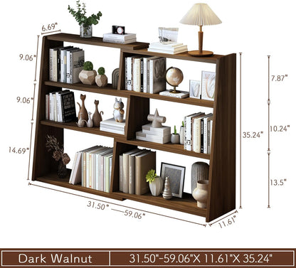 IOTXY Wooden Extendable Shelf Bookcase - 3-Tier Ladder Low Short Bookshelf for Small Space or Corner, Dark Walnut, L