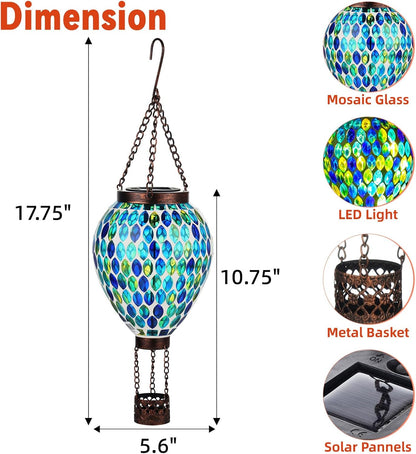 VOREEN Hot Air Balloon Solar Lantern, Mosaic Solar Outdoor Hanging Wind Light, Waterproof, Patio Festive Decor, Gift for Mom Wife Friend, Blue