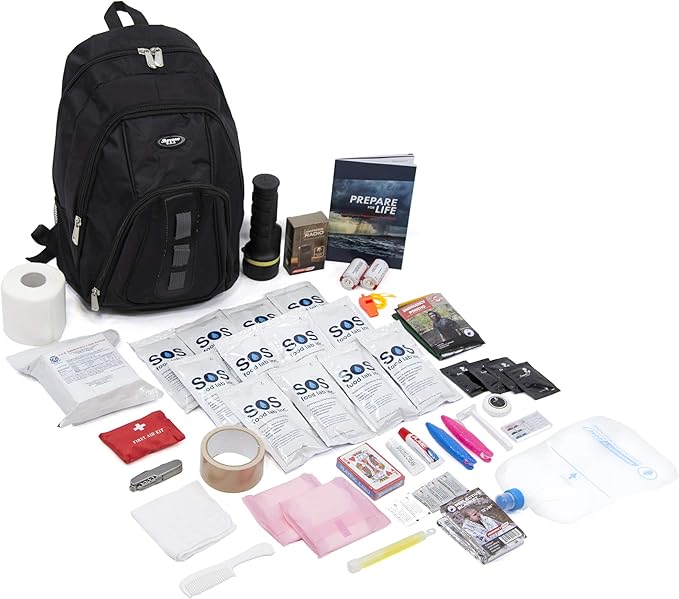 Emergency Zone Solo Series Complete - 1 Person 72-Hour Survival Kit with Food, Water, Emergency Guidebook, Black Backpack, and Essential Survival Gear