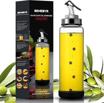 Glass Olive Oil Dispenser Bottle with Leakproof Pourer Spout and Shatterproof Rubber Bottom, Cooking Oil Dispenser Bottle for Kitchen 17 oz Heat Resistant Olive Oil Bottle
