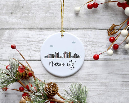 Andaz Press Round Ceramic Porcelain Christmas Tree Ornament Keepsake Gift, Mexico City, Colorful International City Skyline Graphic, 1-Pack, Birthday Family Coworker Him Her, Gift Box