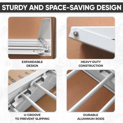 Wall Mounted Laundry Drying Rack, Retractable Clothes Drying Rack, 6 Rods Towel Drying Rack with Wall Template for Installation, Magnetic Dryer Ball Holder with Dryer Balls, White