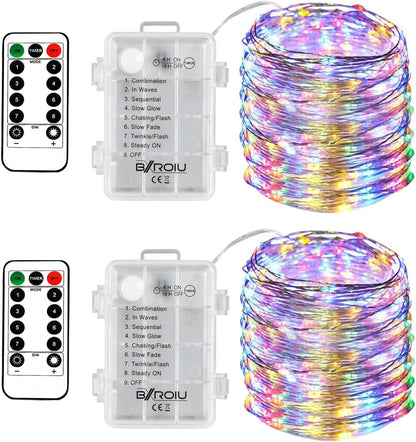2 x Fairy Lights Battery Operated, Silver Wire Chains 8 Mode 5M 50 LEDs Timer String Lights with Remote Control for Bedroom Christmas Party Wedding Decoration (Multicolor)