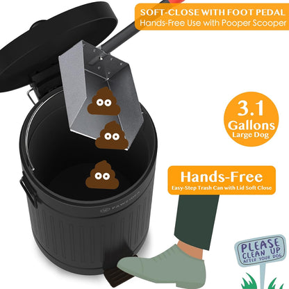 PAWZIDEA Dog Poop Trash Can Outside Odor Control, 3.1 Gallon Outdoor Trash Can with Lid, Waterproof Pet Waste Disposal Container, Small Poop Bin Step Garbage Can, 7.8in Activated Carbon Filter, Black