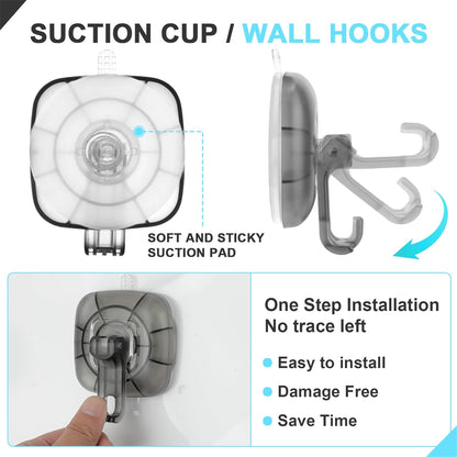 22 lb Heavy Duty Suction Cup Hooks 4 Pack - 360° Rotating Shower Hooks for Bathroom, Wall, Glass Door, Window Hanging Foldable Holder for Towel, Wreath, Cups (ABS+PC) No Drill Suction Hook Reusable