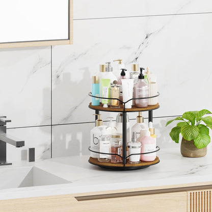 Lazy Susan Organizer 2 Tier - Turntable Spice Rack for Table Top, Wooden Rotating Lazy Susan for Cabinet Pantry Kitchen Countertop Dining Table Cupboard Bathroom Vanity Storage
