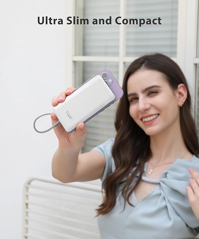 TG90° 10000mAh Power Bank Built-in Cables, Pocket Size USB C Portable Charger, 3A Fast Charging External Battery Pack, Travel Essential Phone Powerbank Compatible with iPhone Samsung iPad White