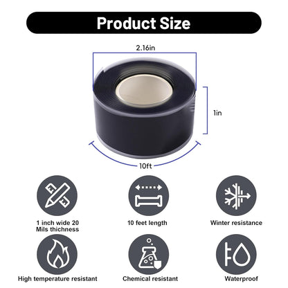 Self Fusing Silicone Tape 2 Rolls 1 in x 10' Black Waterproof Rescue Tape Rubber Leak Silicone Self-amalgamating Tape for Plumbing, Sealing Pipes, Hose Repair, Outdoor Coax and Tool Fixation