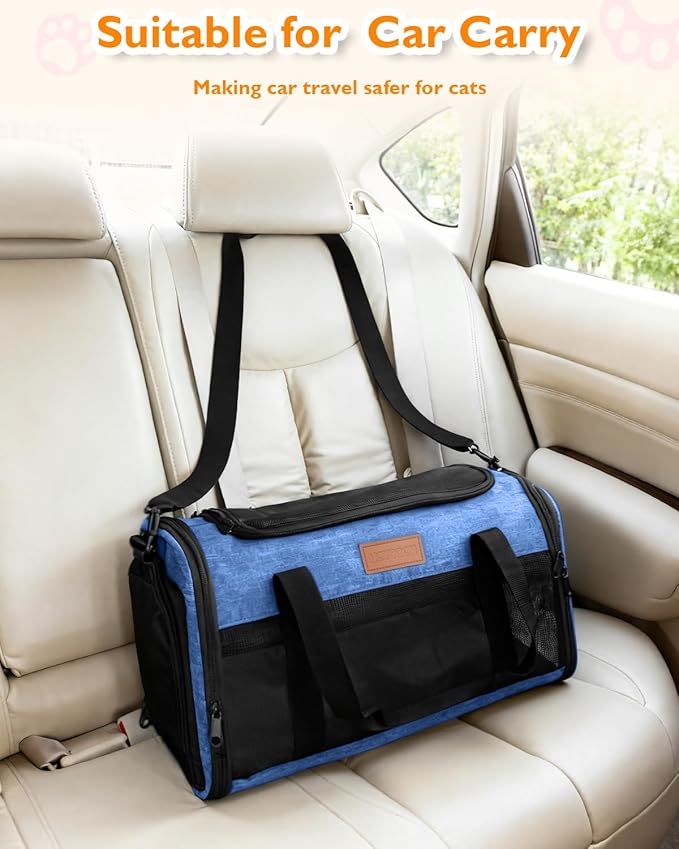 PETUX TSA Approved Pet Carrier in Cabin - 17"x11"x9.5", Underseat, Soft Sided Cat Carriers with Safety Zippers and Anti-Scratch Mesh for Small Cat up to 12 lb, Ideal for Travel and Vet Visit, Blue