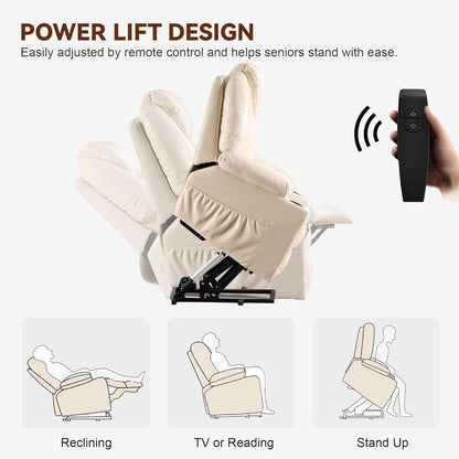 SALOHZA Power Lift Recliner Chair for Elderly with Massage and Heat for Living Room, Electric Recliner Chair for Adults with USB/Type C Port/Cup Holders, PU Faux Leather, Cream White