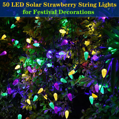 Solar Halloween Lights Christmas Lights C6 Strawberry String Lights Mardi Gras String Lights, 50 LED 8 Modes Waterproof Outdoor Use for Mardi Gras Christmas Tree Camping Balcony Halloween Party Decor