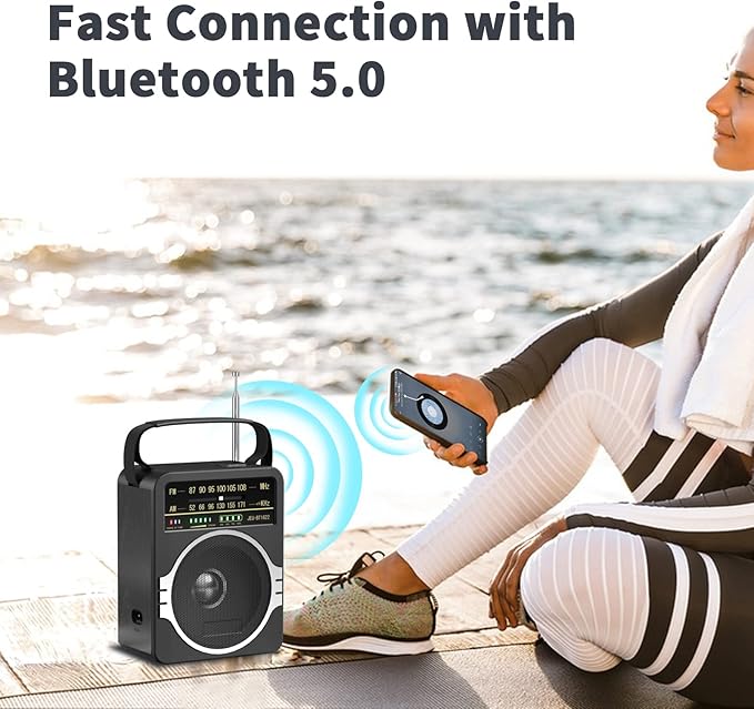 Portable AM FM Radio, Bluetooth 5.0 Radios 5 Watts Loud Speaker,FM Radio Built-in Rechargeable Battery/DC D*4 Cell Battery Operated & AC Power Plug in Wall Black