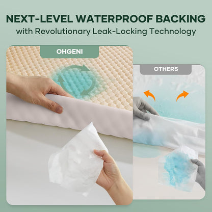 OhGeni 100% Waterproof Mattress Protector, Queen Size Mattress Pad, Fits 6"-20" Mattresses with Deep Pocket, Cooling, Breathable Fitted Sheets, Soft Bed Cover, Noiseless, Machine Washable, Beige