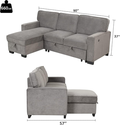 EBELLO Convertible Sleeper Sofa 3 in 1, Chenille Modern L-Shaped Couches for Living Room, Pull Out Sectional Futon Sofa Bed with Storage Space, USB Ports and Cup Holders for Bedroom, Grey