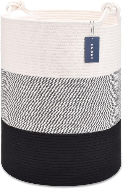 COMSE Extra Large Blanket Basket, Tall Woven Storage Basket, Nursery Hamper, 15.7”x 21.7”, Cotton Rope Laundry Hamper for Toys Clothes Towels, White/Gray/Black
