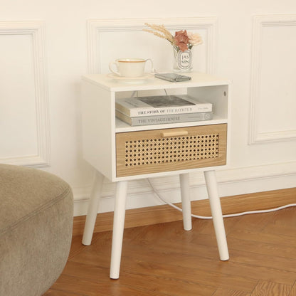MaxSmeo Nightstand with Charging Station, Bedside Tables with Rattan Drawer, Mid Century Modern Nightstand, End Table for Living Room, Bedroom and Small Spaces, Easy Assembly (White)