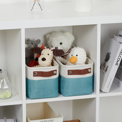 DULLEMELO Small Bathroom Closet Storage Baskets Canvas Fabric Storage Bins for Toilet 2 Pack Collapsible Home Organizer With Handles (White&Teal)