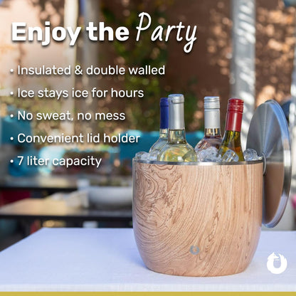 SNOWFOX XL Premium Vacuum Insulated Double Wall Stainless Steel Ice Bucket with Lid/Scoop, Bar Accessories, Large Elegant Party Bucket, Chill Several Bottles, Beautiful Entertaining, 7L, Natural Teak