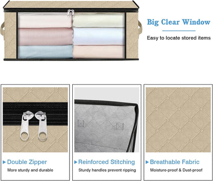 HomeHacks Storage 4-Pack Clothes Organizer Storage Bags Foldable Storage Box with Large Clear Window Sturdy Handles for Closet, Dorm, Pillows, Bedding, Clothes, Blankets, 35L, Beige