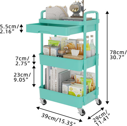 Calmootey 3-Tier Rolling Utility Cart with Drawer,Multifunctional Storage Organizer with Plastic Shelf & Metal Wheel,Storage Cart for Kitchen,Bathroom,Living Room,Office,Green