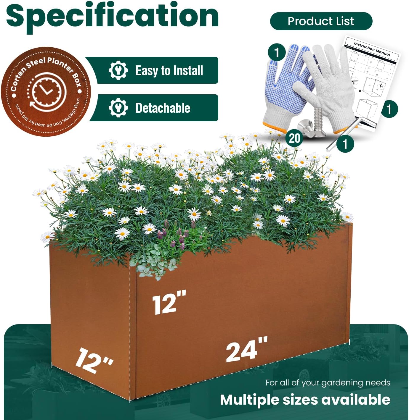 Corten Steel Planter Box Metal Outdoor Large Rectangular Rustic Durable Antique Detached for Commercial Residential Patio Deck and Backyard 24" x 12" x 12"