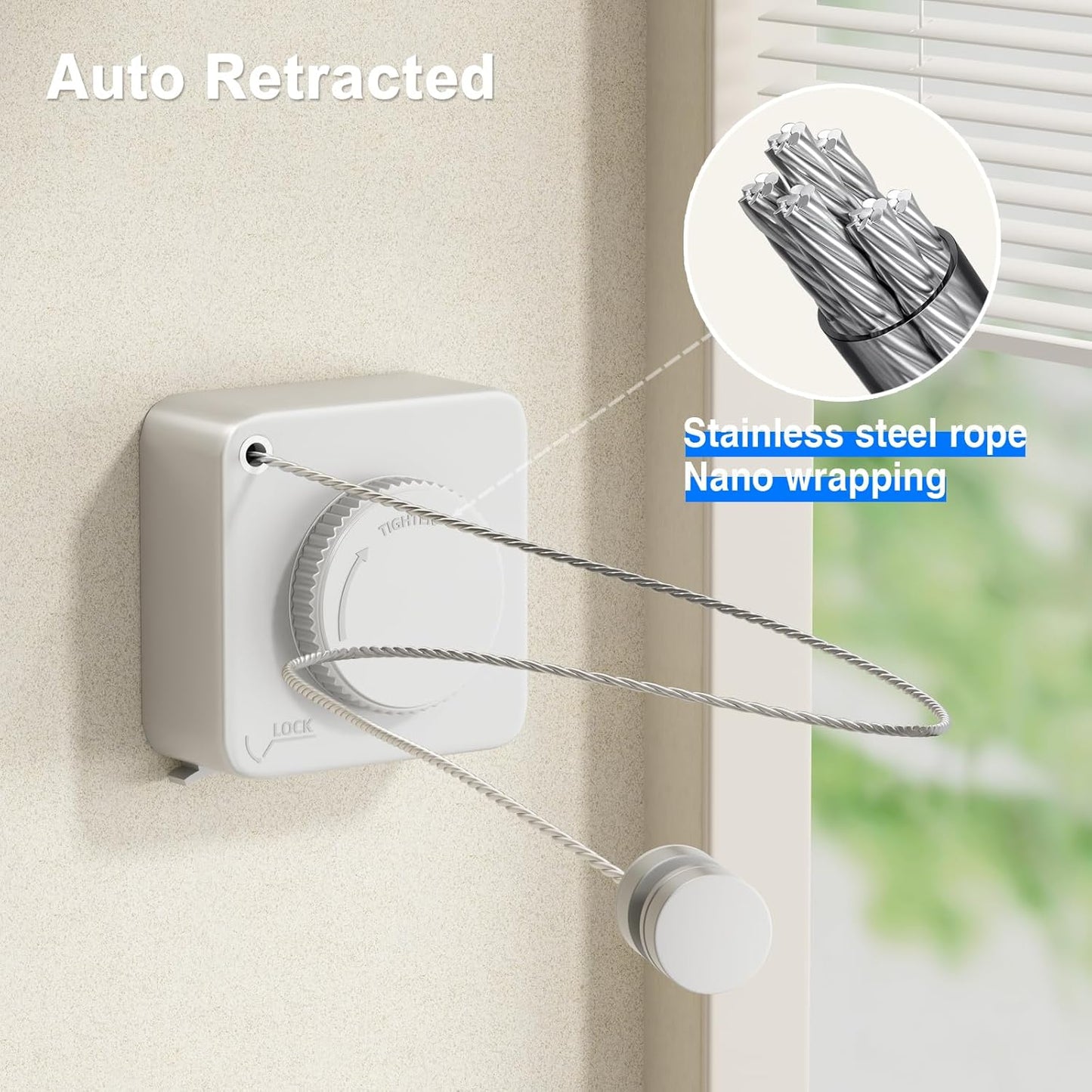 Retractable Clothesline Indoor, Non-Sagging Outdoor Clothes Line Retracting Heavy Duty Clothes Drying Laundry Line Wall Mounted Stainless Steel Line-15.1 Feets(Square-White)