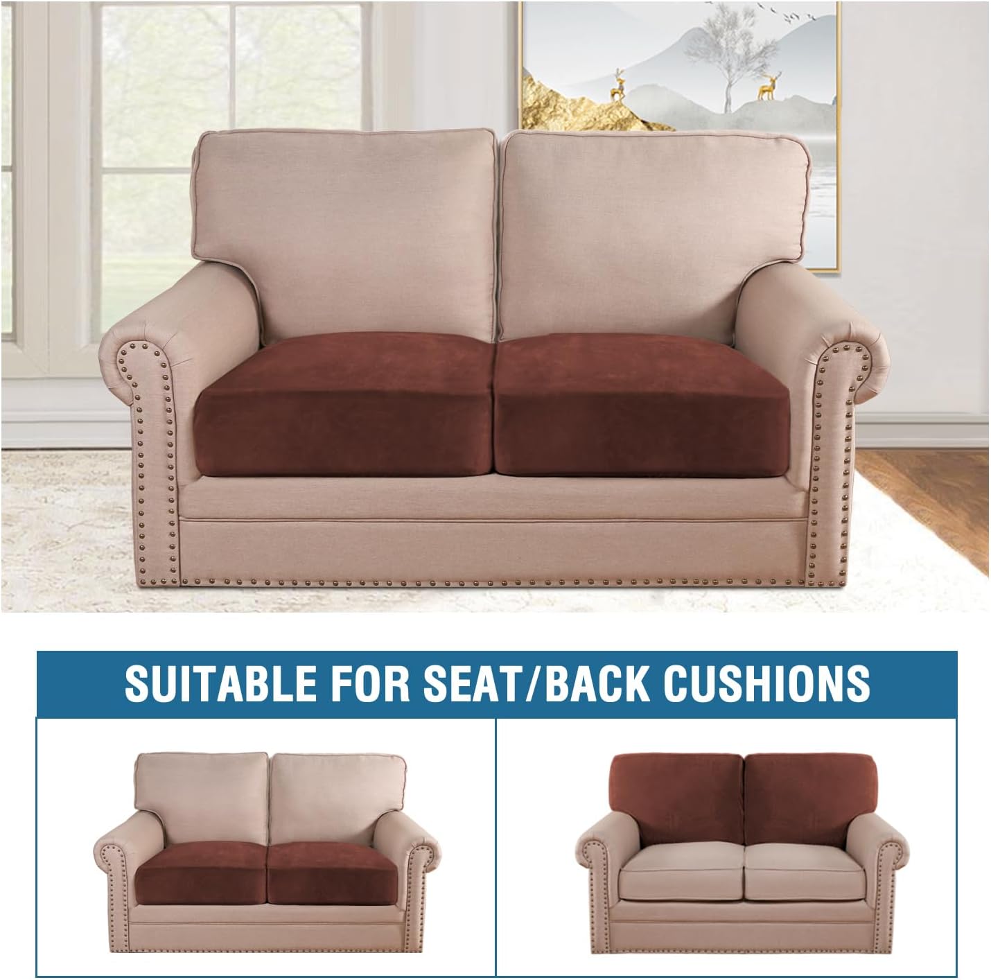 H.VERSAILTEX Velvet Stretch Couch Cushion Cover Plush Cushion Slipcover for Chair Loveseat Sofa Cushion Furniture Protector Seat Cushion Sofa Cover (2 Piece Medium Sofa Cushion Covers, Burnt Brick)