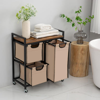 Laundry Basket Organizer - Hampers with 3 Compartments, Sliding Laundry Sorter Bags, Top Storage Shelf, Metal Frame