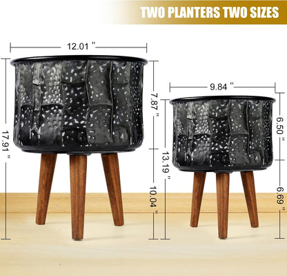 Harvest Land Plant Pots with Stand, Set of 2 Large Modern Planters Metal Tall Handmade Flower Pots with Drainage Holes Indoor Outdoor,Grey