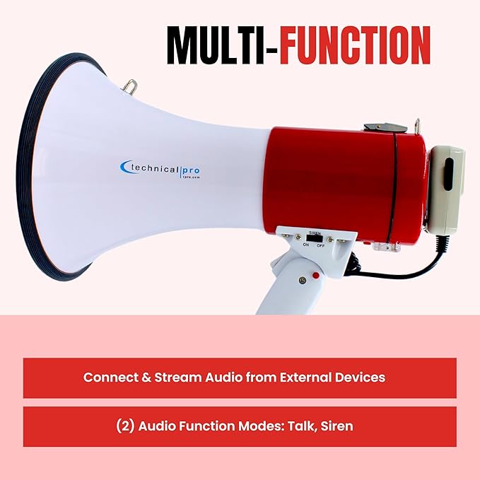 Technical Pro Rechargeable Portable 75-Watt Megaphone Bullhorn Speaker w/Siren & Detachable Microphone - Battery w/Battery a Built-in AC Wall Charger, Good for Trainers, Coaches, Cheer Leaders
