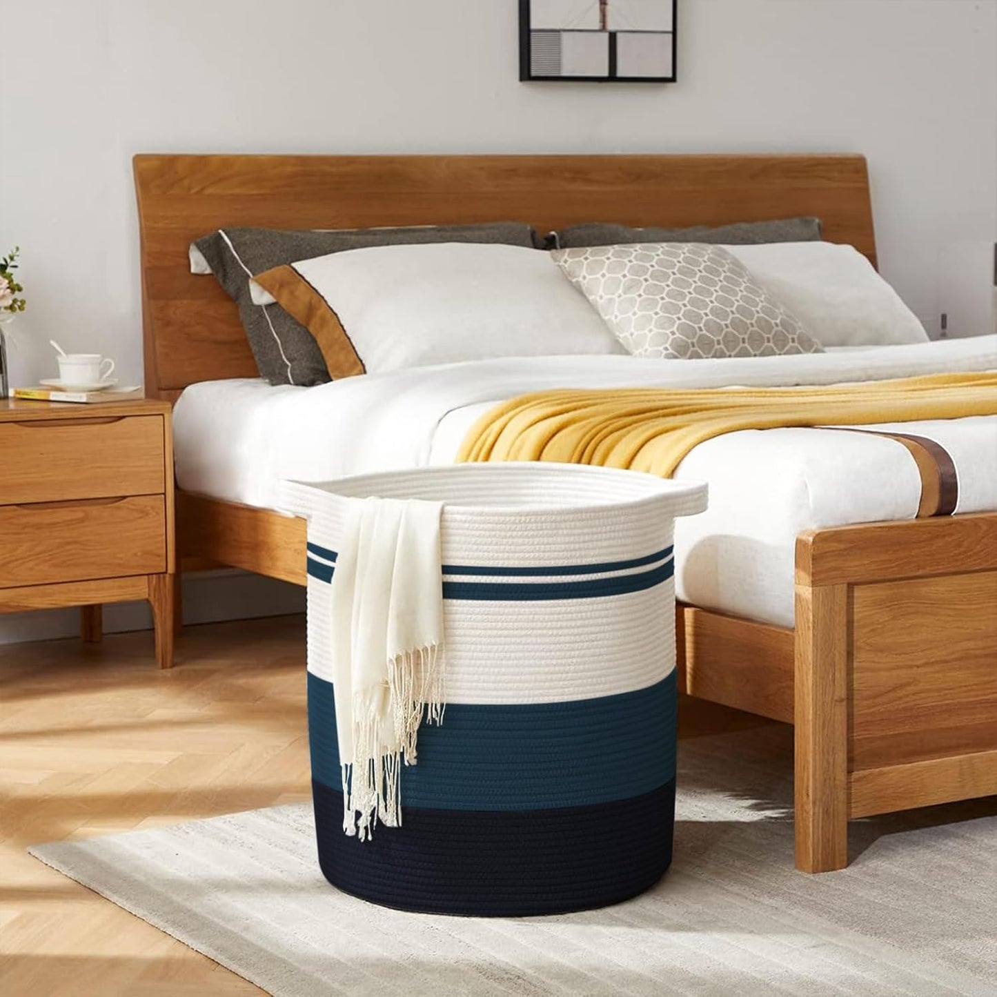 OIAHOMY 80L Laundry Baskets Hamper with Handles,Decorative Basket for Living room,Woven Storage Basket for Toys Bin,Pillows, Blankets,Clothes-20x18in-Gradient Blue