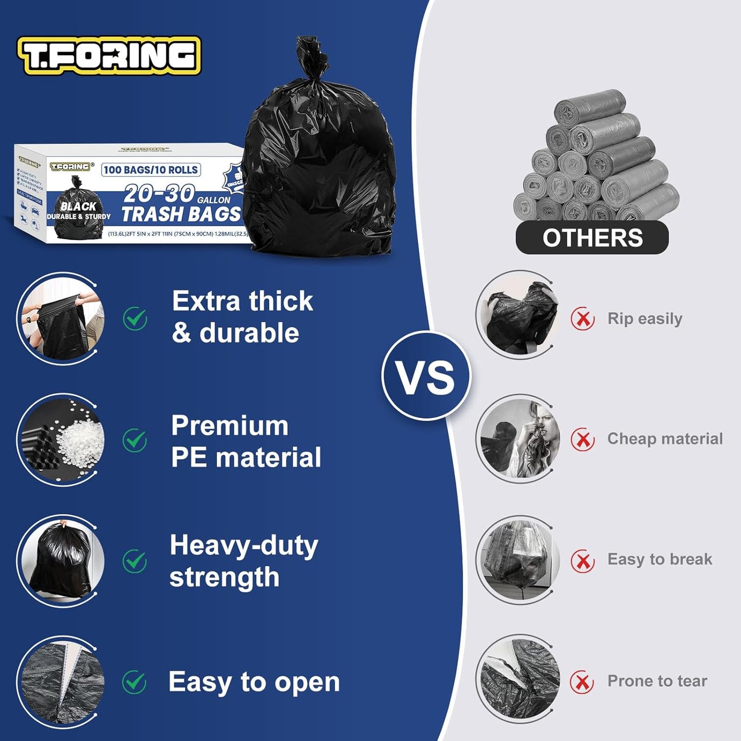 20-30 Gallon Trash Bags Black - 1.28 Mil Thick,30" x 35" Large Garbage Bags 100 Count，20+ Gallon Heavy Duty Trash Can Liners Unscented for Kitchen Home Office Commercial Outdoor