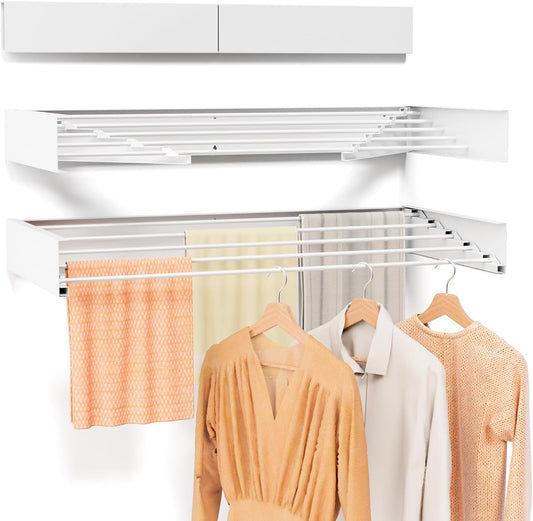Wall Mounted Drying Rack for Laundry 31.5'', Folding Drying Rack Clothing Wall Mount with 5 Rods, Space Saving for Indoor Outdoor Bathroom Balcony (White 31.5")